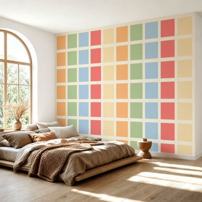 Papier peint adhésif autocollant rétro à carreaux multicolores, abstrait, sans soudure, à carreaux, autocollant, amovible, papier contact amovible, décoration murale pour salon, chambre à coucher H 100 po x l 144 po