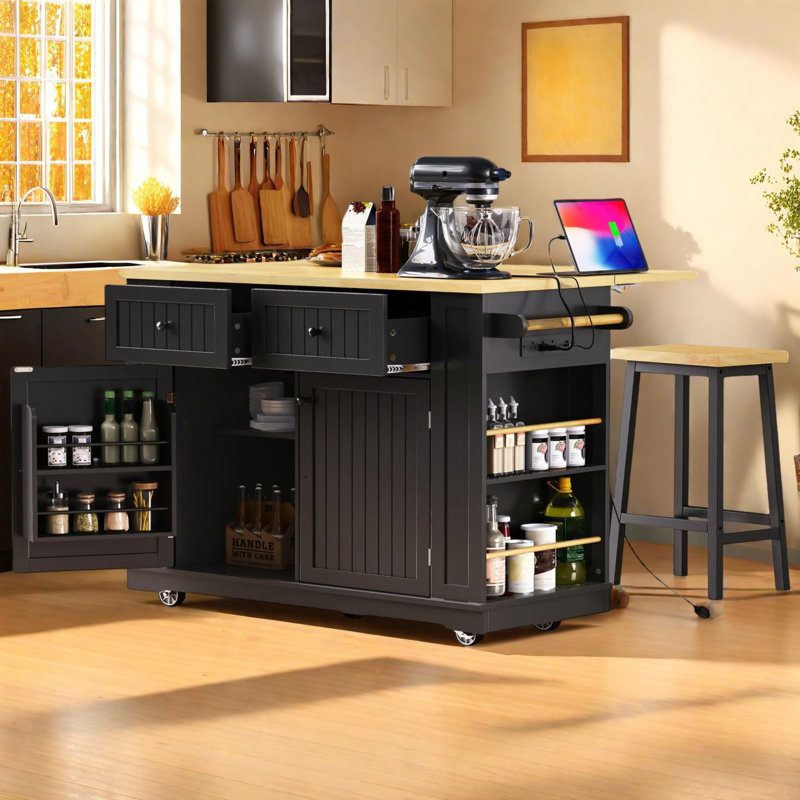 48 Inch Kitchen Island with Drop Leaf, Power Outlet, Storage Rack, 5 Wheels, Open Side Racks, Black