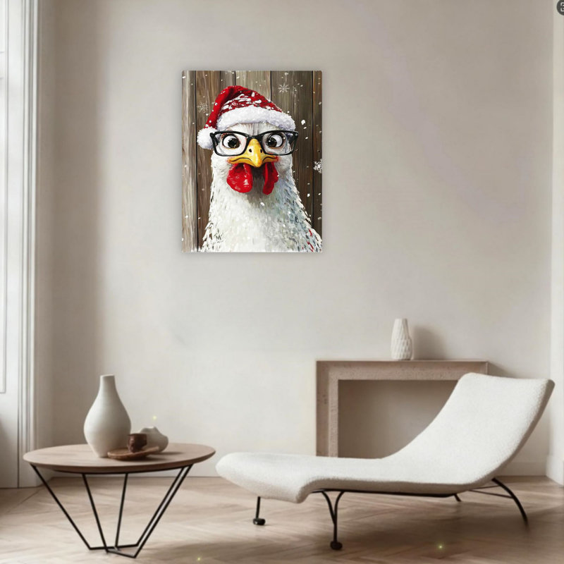 «Drôle de poulet avec chapeau de père Noël», art mural 24 po x 36 po