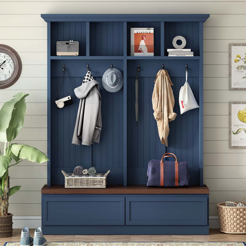 4-in-1 Hall Tree with Wood Grain Bench,2 Drawers,Versatile Coat Rack for Entryways,Living Rooms,and Hallways, Blue