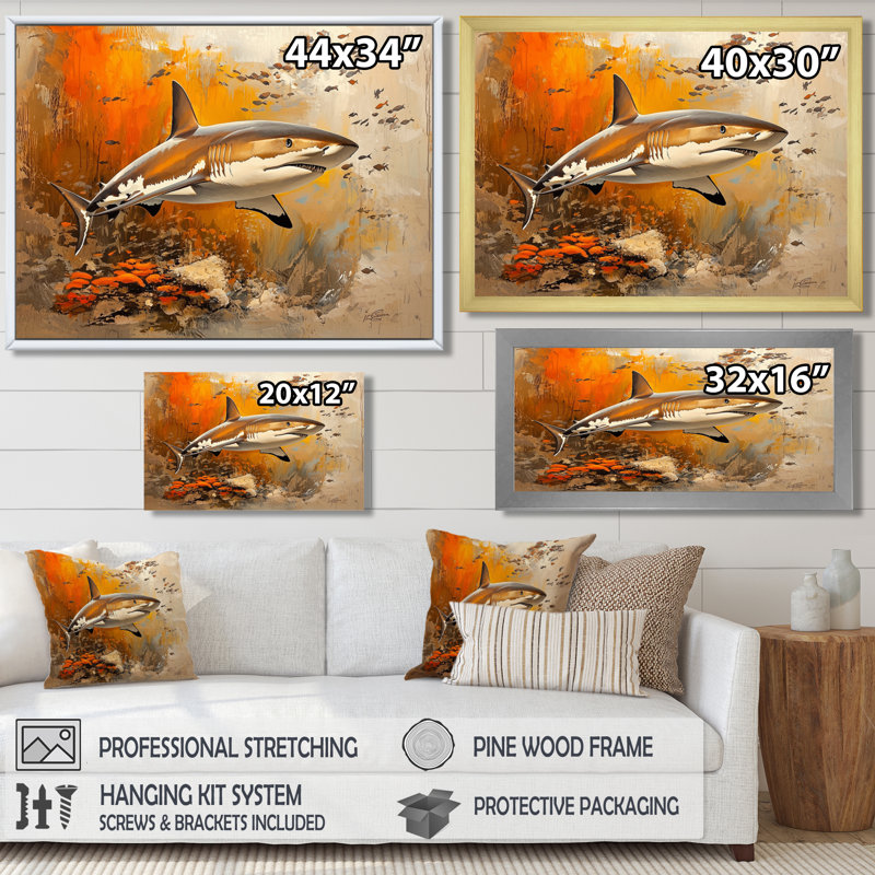 «Natation beige requin résilience III», reproduction d'art de requin, Impression dans un cadre flottant sans passe-parto