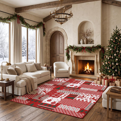 Tapis de Noël en patchwork avec rennes et flocons de neige