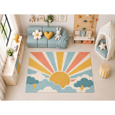 Tapis d'intérieur ultramince 152 x 213 cm (5' x 7') à motif soleil levant, nuages ​​et éclairs, idéal pour chambre d'enfant, crèche, salle de classe et salle de jeux. Doux et à poils courts, avec revêtement antidérapant en silicone.