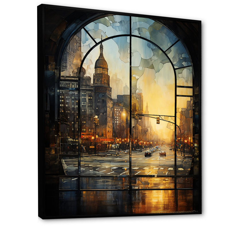 Vue de fenêtre rétro de New York, art mural New York City, Cadre flottant noir, H 44 po x l 34 po x P 1,5 po