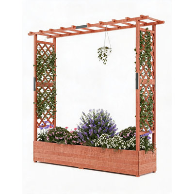 Raised Wooden Garden Bed with Trellis, Hanging Roof & 4 Drainage Holes – Freestanding Planter Box with Side Supports for Climbing Plants, Vines, Flowers, Vegetables – Size: 196x44x182cm