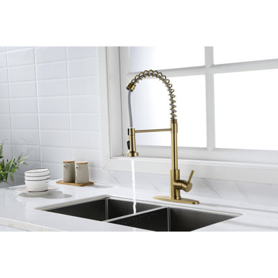 Pull Out Spray Kitchen Faucet In Gold Stainless Steel, 360 Rotating Nozzle For Convenience, Single Handle Water Temp & Flow Adjustment, Corrosion Rust Finish, Quiet Splash- Aerator Included Steel