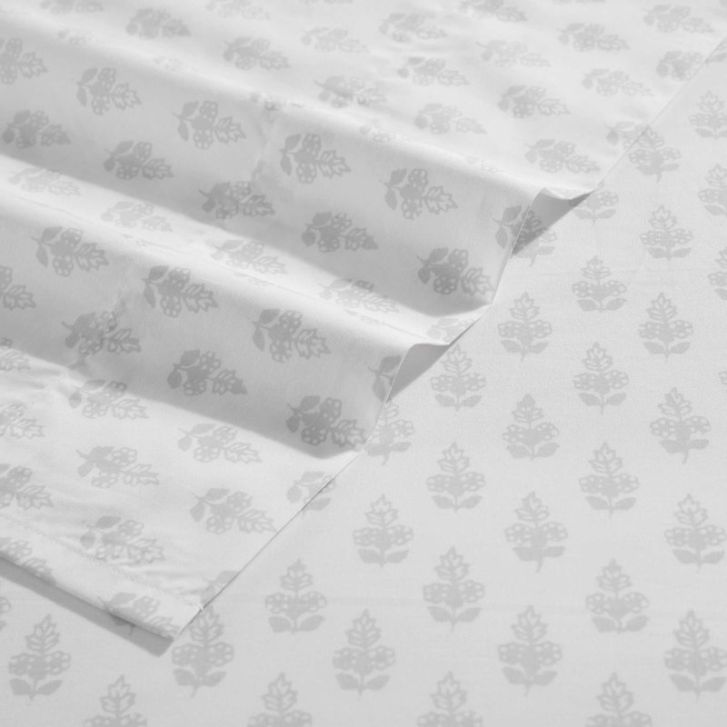 Laura Ashley Breezy Floral Cotton Reversible Quilt Set, Queen Sheet Set with 2 Standard Pillowcases, Francesca Grey