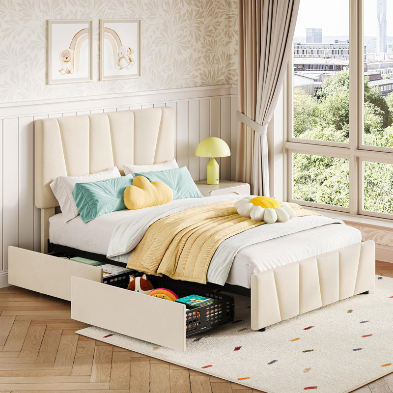Structure de lit simple tapissier en lin avec rangement, sommier avec tête de lit réglable et 2 tiroirs, aucun sommier requis, base de lit à lattes en bois, beige