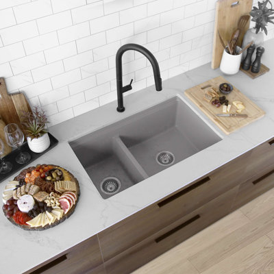 30 in. x 18 in. Granite Composite, Grey 60/40 Double Bowl Undermount or Drop-In Kitchen Sink with Build-in Accessories