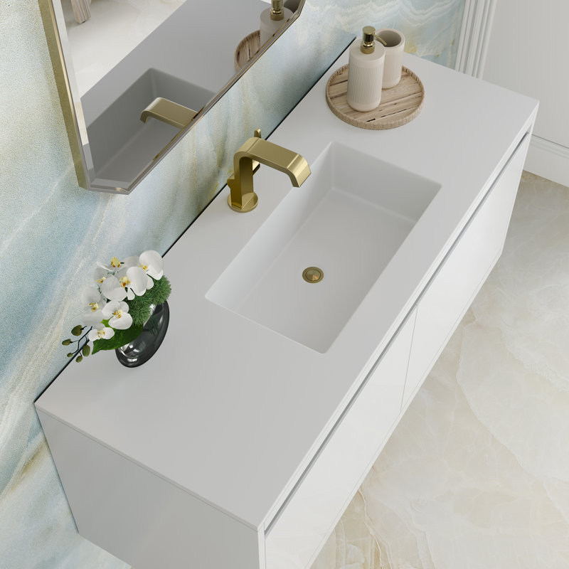 Meuble-lavabo simple l 47,25 po Mantova, Blanc lustré, Blanc brillant / laiton champagne
