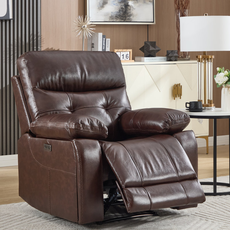 37" Wide Classic Top-Grain Leather Power Recliner with USB Port, Adjustable Reclining & Hidden Cupholders