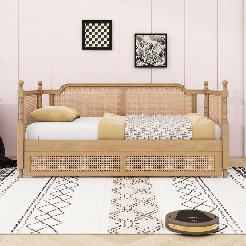 Wood Daybed with Rattan Headboard and Trundle, Twin, Antique Walnut