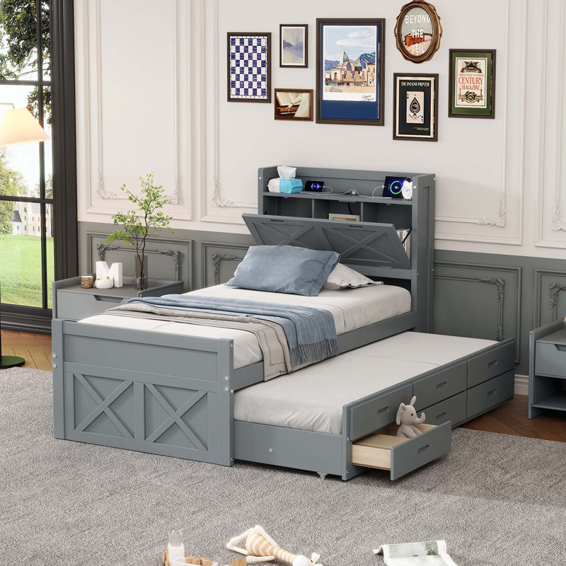 Twin Size Wooden Bed with Storage Headboard and Outlets, Extendable with Twin Trundle and Three Drawers, Grey