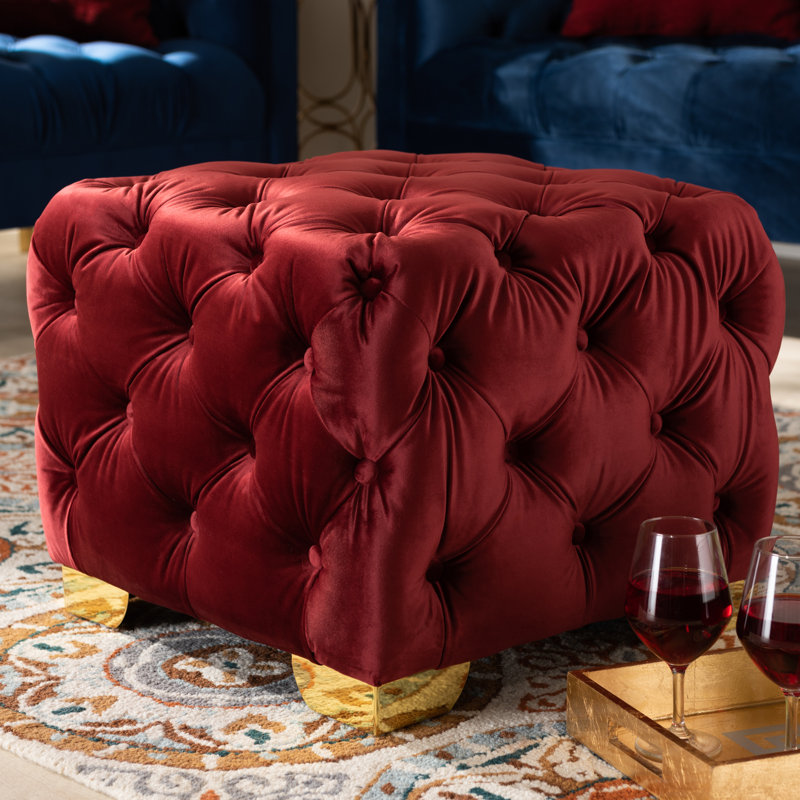 Velvet Tufted Square Solid Colour Cube Ottoman, Burgundy