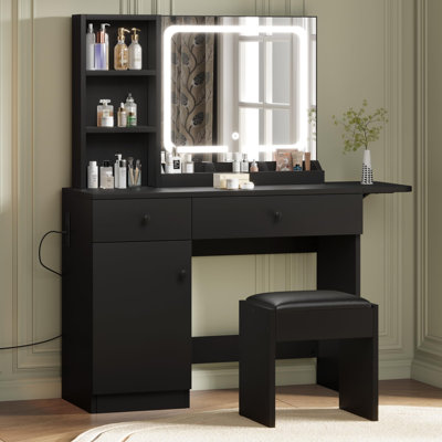 Vanity Desk with Drawers & Led Lighted Mirror & Power Outlet & Cabinet, Vanity Stool Set with Storage, Stylish Dressing Table Bedroom Makeup Table Set,Rustic Brown (Black)