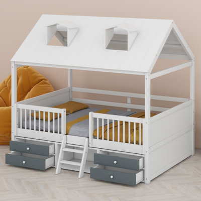 Lit en bois multi-rangements avec toit, échelle, tiroirs et tablettes