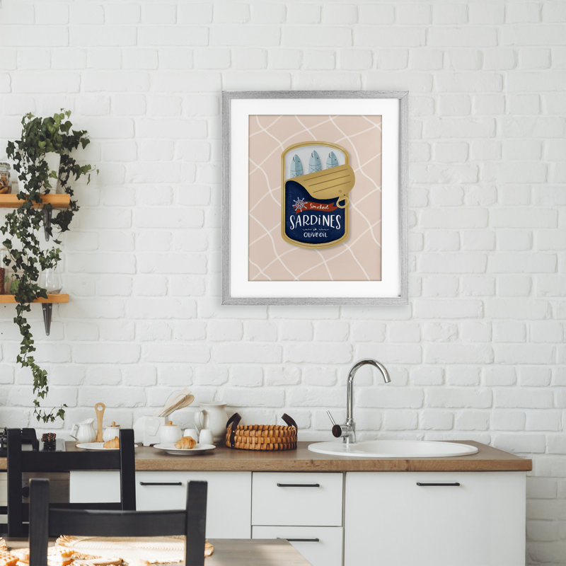Nautique sardines, impression sous verre encadrée, design par Sandra Picco, H 21 po x l 17 po, Cadre de ferme gris