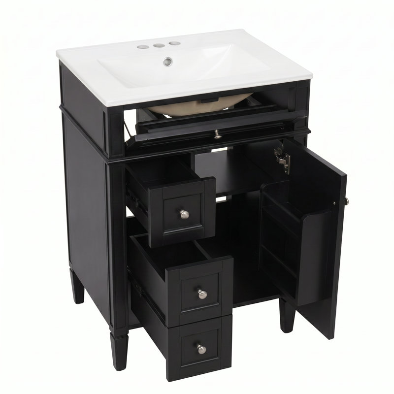 Meuble-lavabo autoportant 24 po en MDF avec lavabo en céramique blanc, armoire de salle de bain noire avec 2 tiroirs, tablettes de porte réglables et tiroir basculant