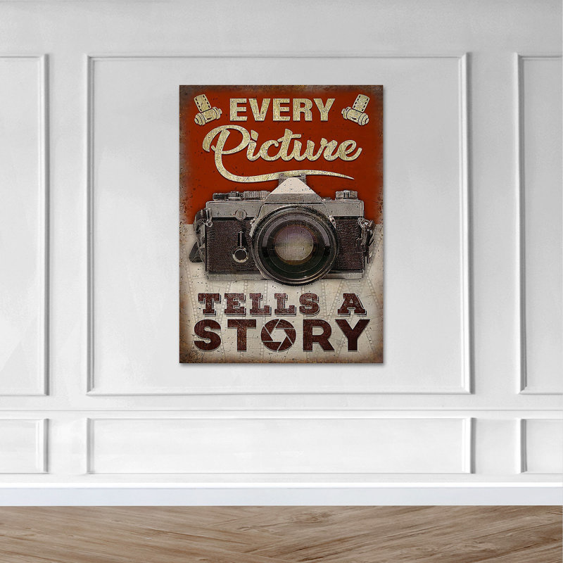 Camera On Brown And Red Background - Wrapped Canvas Textual Art, 14" H x 11" W x 2" D