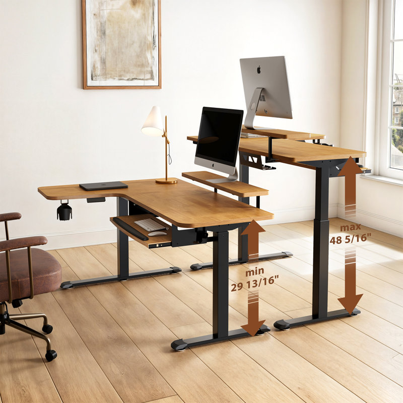 Modern Solid Wood L-Shaped Dual-Motor Electric Height-Adjustable Desk, Right Hand Return, Brown/Black