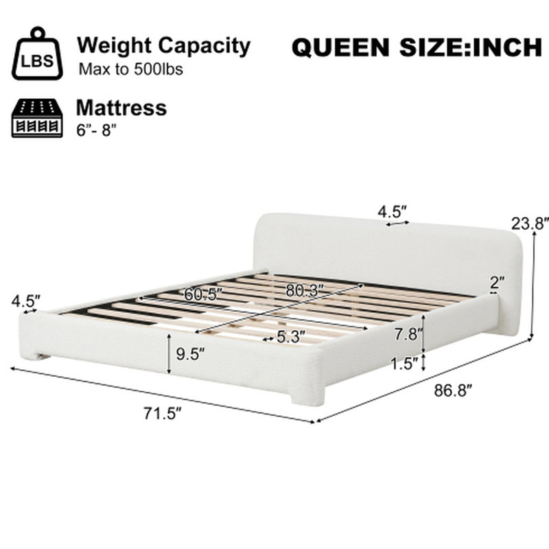 Grand lit rembourré White Boucle, bois de haute qualité, structure stable de taille de matelas de 8 pouces, 3 pieds de soutien centraux, pièce maîtresse idéale pour la chambre à coucher