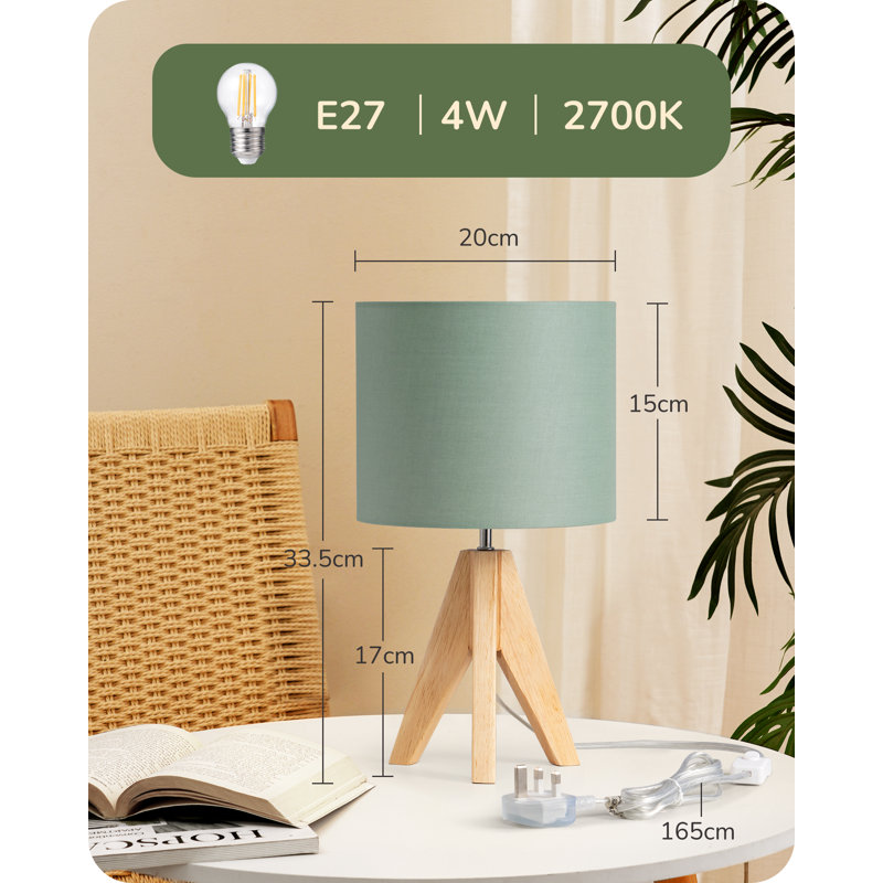 36Cm Wood Tripod Table Lamp With Linen Shade (Bulb Included), Green