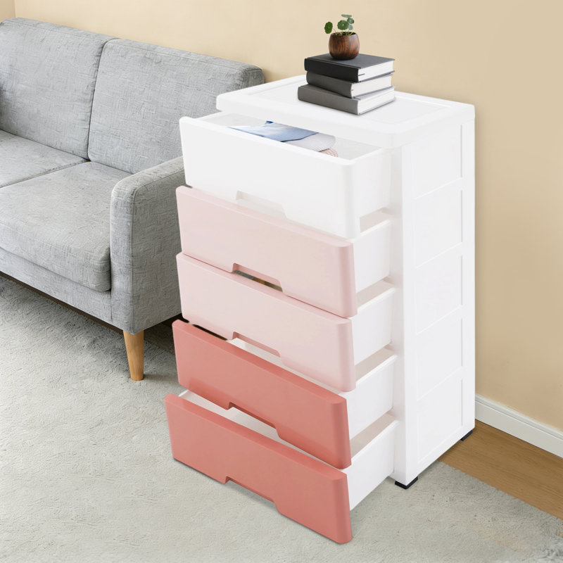 Armoire de rangement grande capacité avec 5 tiroirs, Blanc / Rose