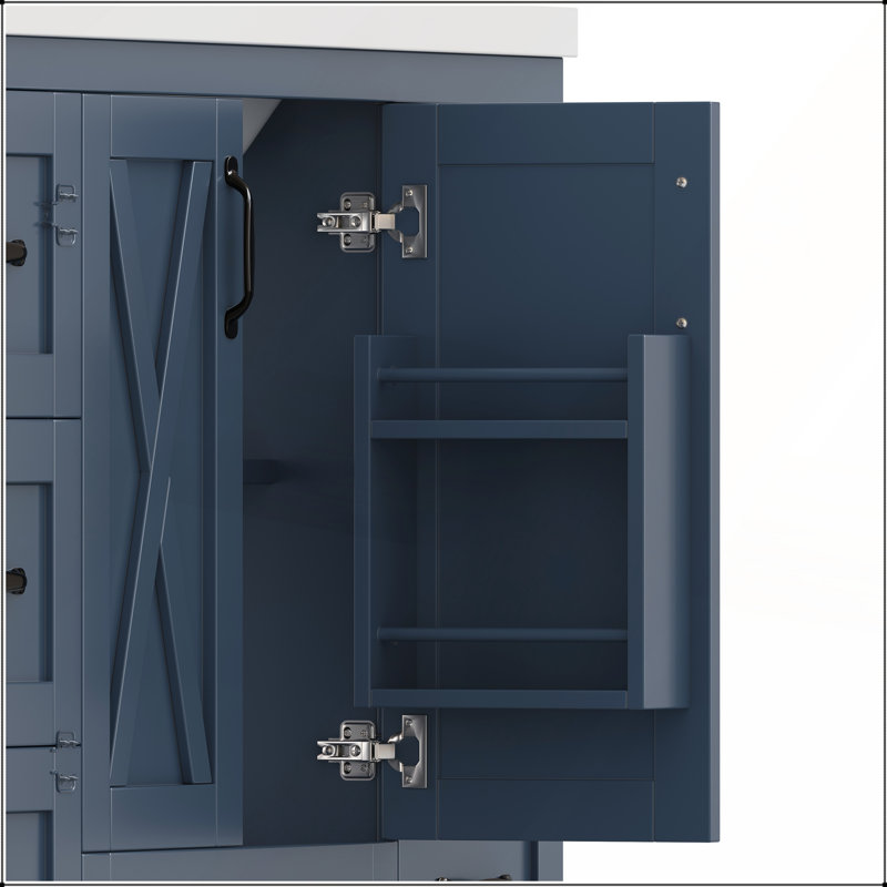 Meuble-lavabo autoportant de 48 po avec plateau en céramique, 7 tiroirs, portes à panneaux en X et barre à serviettes latérale bleu marine 48 po