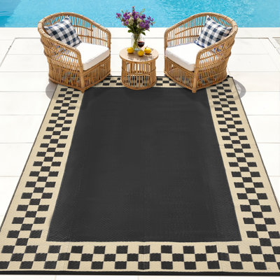 Tapis d'extérieur imperméable et réversible 9 x 12 pi - Tapis de patio en plastique géométrique - Résistant à la décoloration, Facile à nettoyer, Portable avec piquets et sac de transport - Jardin, balcon, camping, véhicule récréatif, arrière-cour - Café noir
