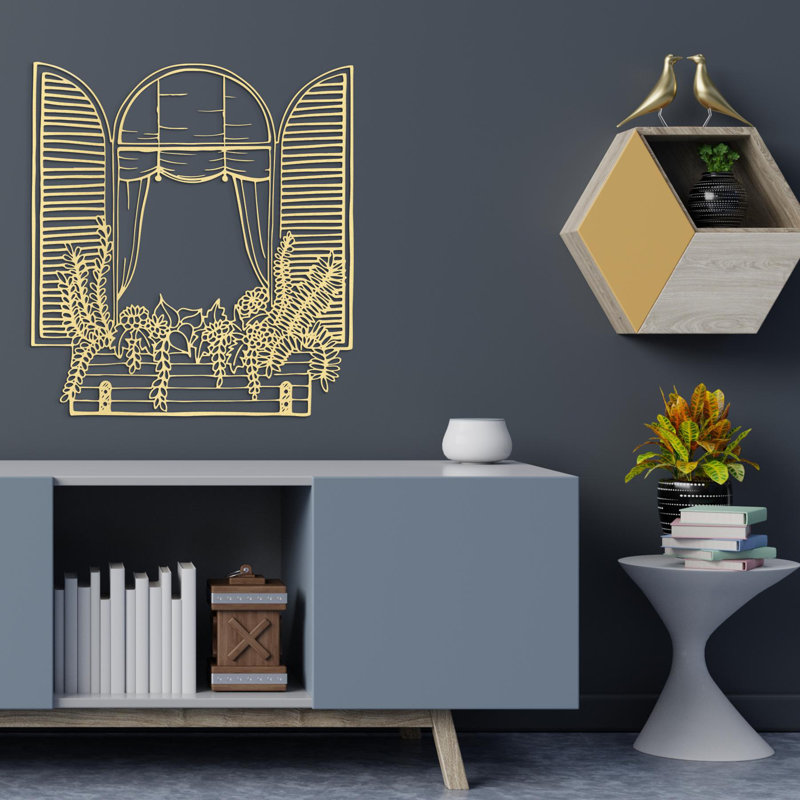 Fenêtre avec boîte à fleurs, art mural en métal, décoration murale de ferme, scène de jardin pour la cuisine, art mural maison, cadeau de pendaison de crémaillère unique pour les couples