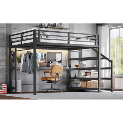 Queen Loft Bed With Desk And Storage Stairs, Metal Loft Beds With Led Lights, Usb Ports, Multifunctional Iron Nets, No Spring Box Needed And Noise-Free, Black