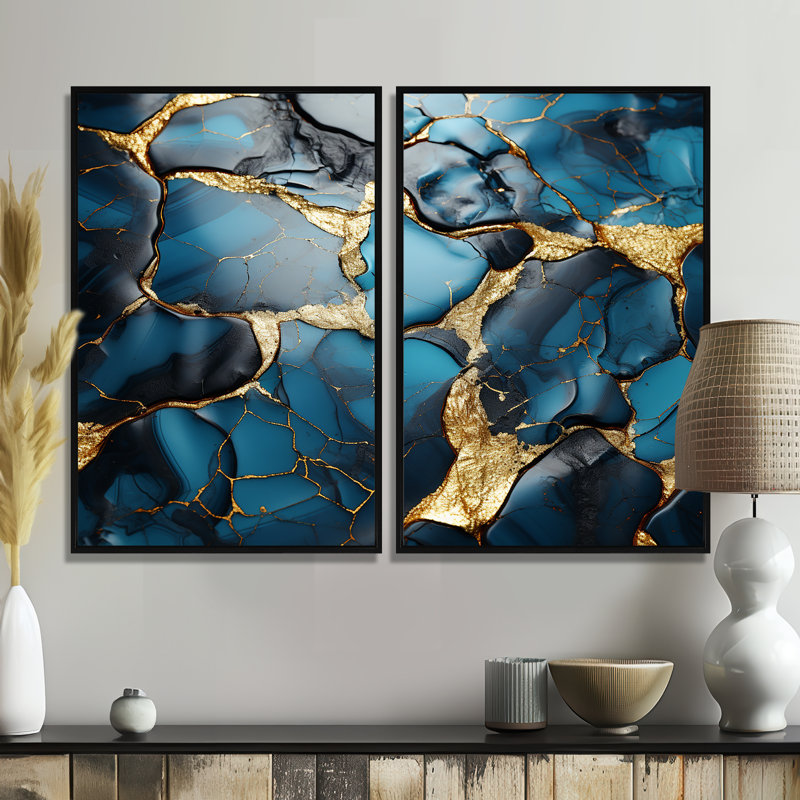 Agate mosaïque en marbre doré et bleu II - décoration murale moderne, 36" H x 48" W, Impression encadrée flottante, Black