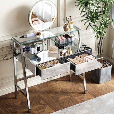Bureau de maquillage avec miroir argenté avec lumières et miroir, 2 grands tiroirs et tablette ouverte, centre de chargement de chambre à coucher, lumières de meuble-lavabo 33,9 po, prise