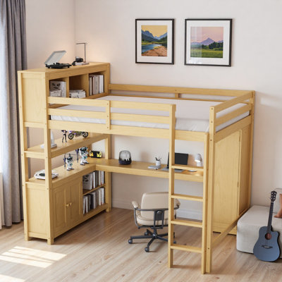 Wood Loft Bed With Cabinet, Bookshelf, Wardrobe And Desk