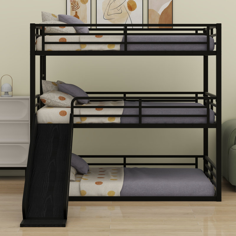 Metal Triple Bunk Bed With Safety Guardrails,Slide And Noise-Reduced Design, Queen Over Queen