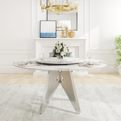 Table de salle à manger 59,05 po ronde en marbre avec base en acier inoxydable argenté, marbre artificiel pour 6 à 8 personnes, table tournante en pierre artificielle blanche 31,5 po, blanc (table de salle à manger seulement)