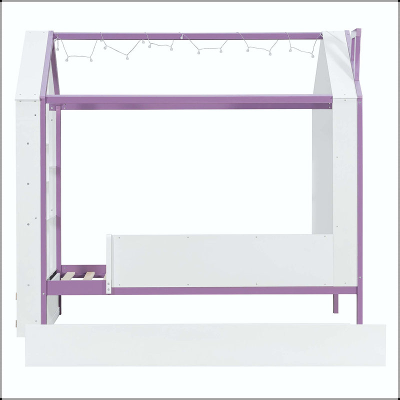 Lit simple avec lit gigogne et lumières DEL, Lit simple, Blanc et mauve