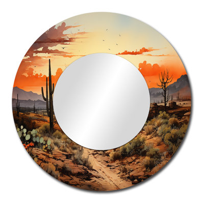 Orange Silhouette Cactus Sunrise - miroir mural rond Boho, impression métallique
