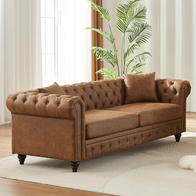 Boneless Living Room with Tech Fabric Chesterfield Sofa with Rolled Arms 3 Seater Sofa with Button Design and 2 Cushions