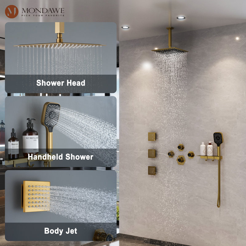 AquaRhapsody Ceiling Mounted Thermostatic Shower System with 4 Body Jets and Storage Shelf, Brushed Gold
