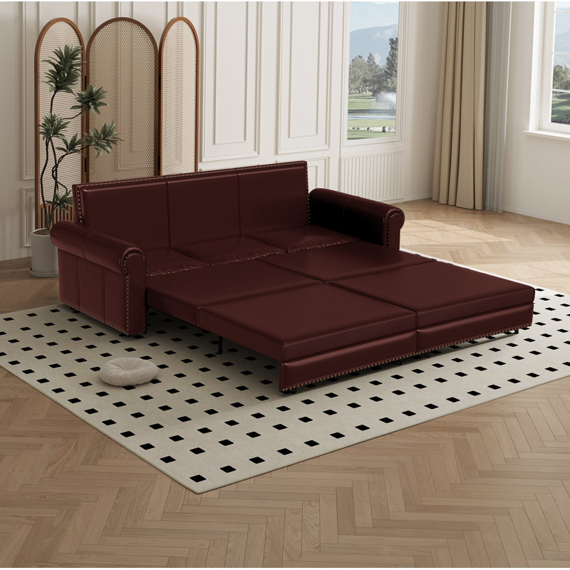 3-In-1 Faux Leather Convertible Sleeper Sofa, Burgundy