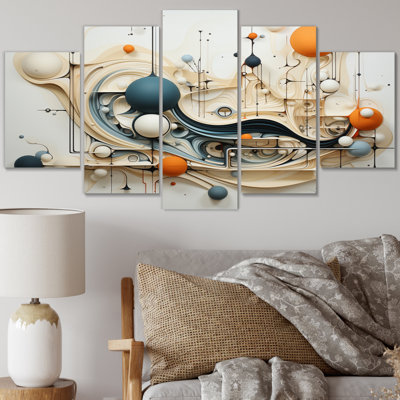«Teal Orange Line Art Conceptual Abstractions I», reproduction d'art moderne sur toile - 5 panneaux