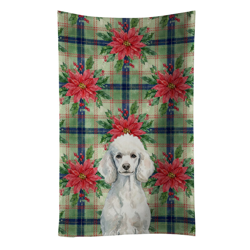 Standard White Poodle Christmas PoinsettIas Kitchen Towel, Standard White Poodle