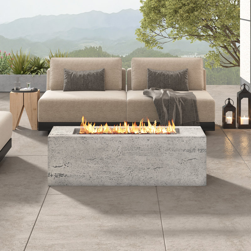 41.9'' Rectangular MGO Fire Pit With Adjustable Flame And Waterproof Cover, Beige+Grey