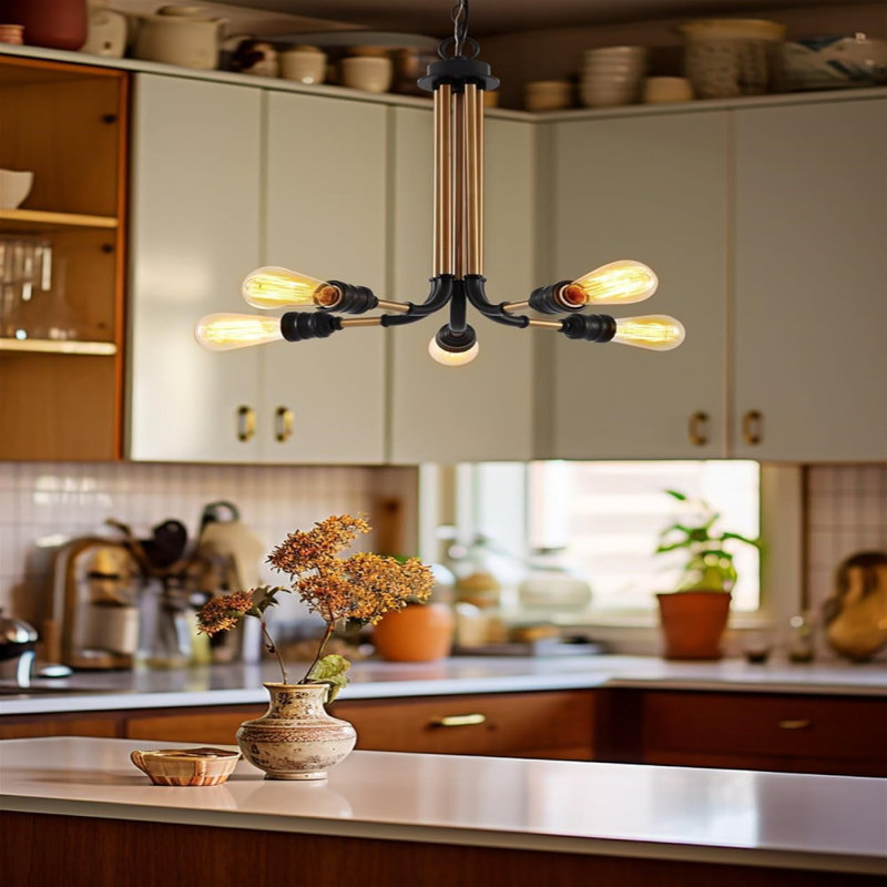 21" 5-Light Retro Industrial Chandelier, Steampunk Gold Bronze Hanging Light, Black Accents + Warm Brass Finish