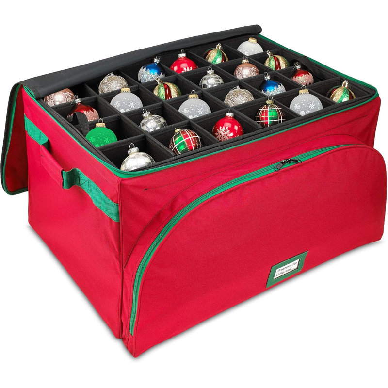Christmas Ornament Storage Box Hold Up To 72-4 Inch Ornaments With 3 Individual Trays, Red