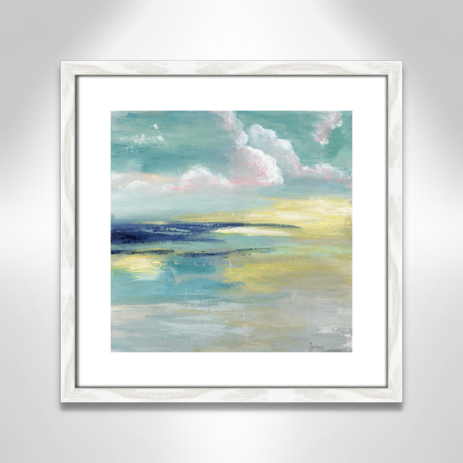 Bertie "Ocean View" Painting by Tava Studios, 18.25" H x 18.25" W x 0.75" D, White Wood Framed Paper