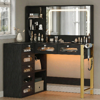 Vanity Desk with Mirror and Lights, 43" Big Modern Vanity Desk, Transparent Top Vanity with 2 RGB Drawers, with Power Outlet, Modern Ample Storage Dressing Table