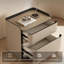 Table de chevet moderne et minimaliste couleur crème, 50 cm (H) x 40 cm (L), coins arrondis, structure en bois massif, plateau en cuir sellier et double tiroir.