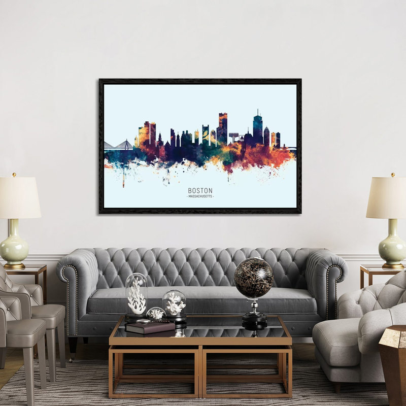Boston Massachusetts Skyline by Michael Tompsett - Print on Canvas, 101.6cm H x 152.4cm W x 3.81cm D, Black Floater Framed